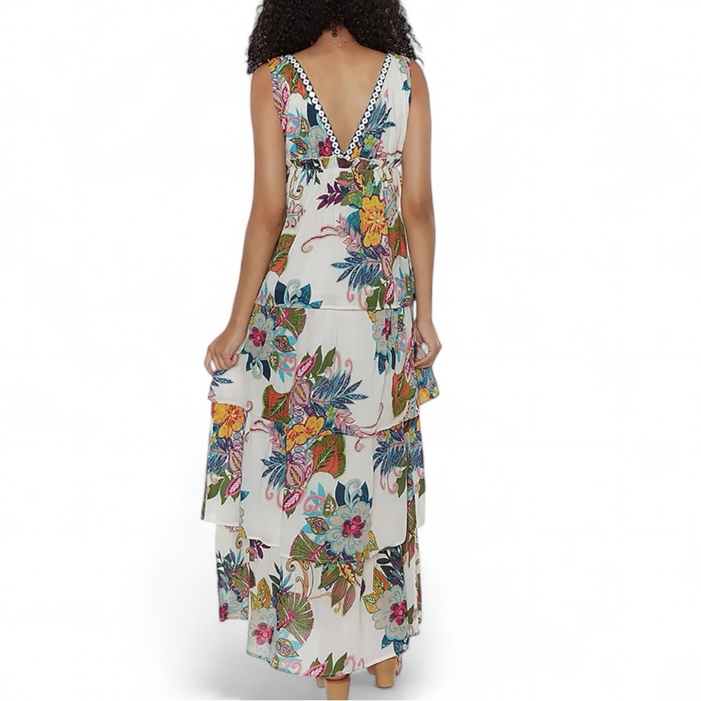 RAGA Dress Hibiscus Palms Cotton Peasant Floral Tiered V-neck Maxi‎ Size L - Picture 2 of 8